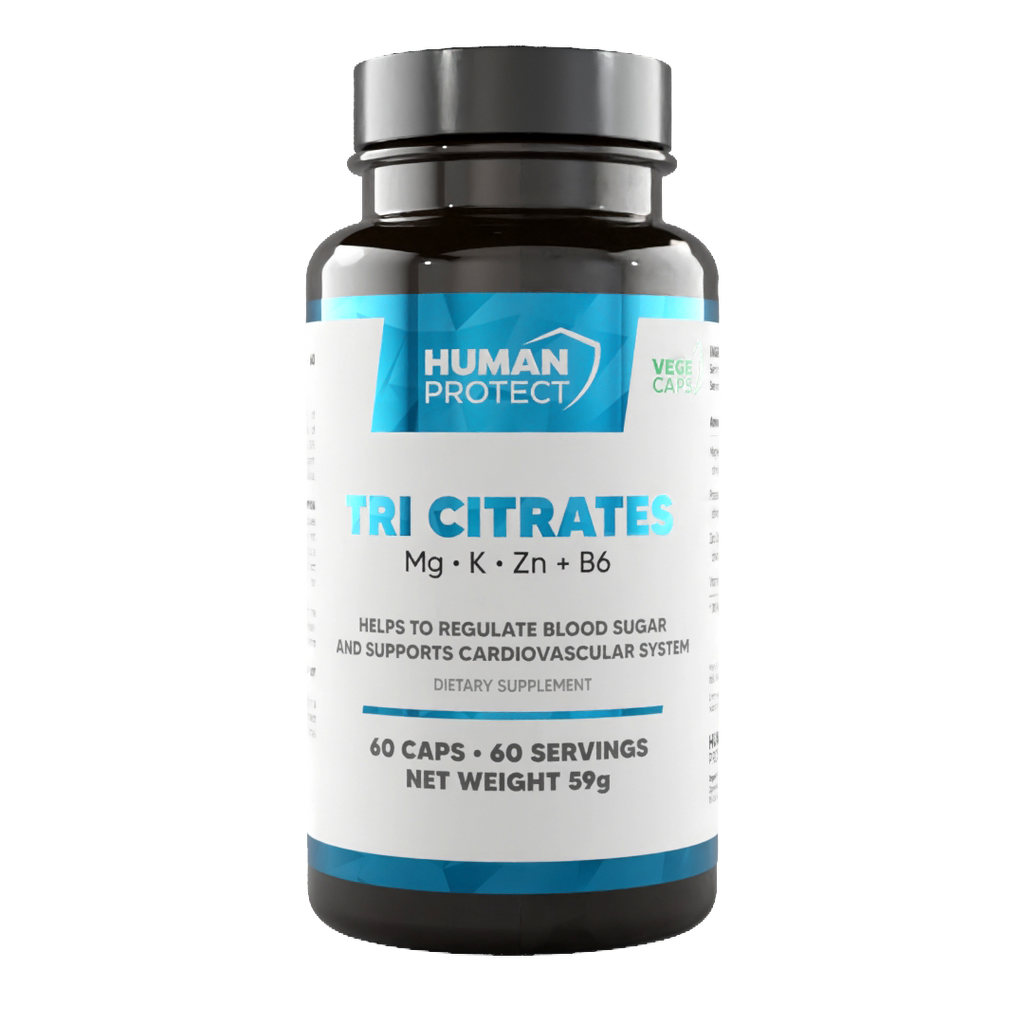 Tri Citrates-Dose mit blauem Schriftzug „Tri Citrates“ und 60 Kapseln