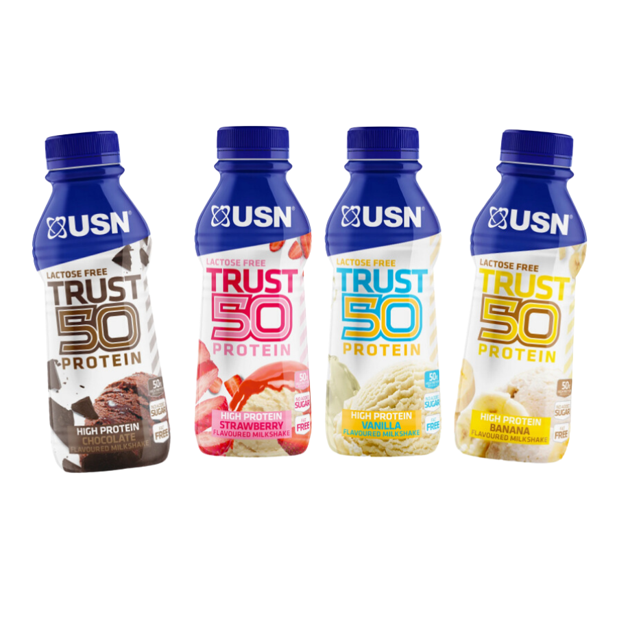 4x USN Trust 50 Protein Drink: Schoko, Erdbeere, Vanille & Banane