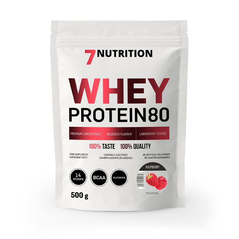 Whey Protein 80 500 g Beutel von 7 NUTRITION mit Himbeer-Geschmack, weißer Verpackungsbeutel