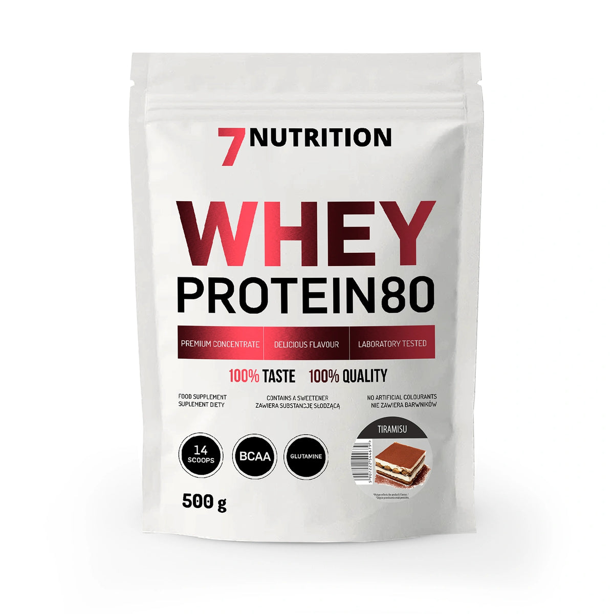 7NUTRITION Whey Protein80 Beutel 500 g mit Tiramisu-Aufdruck