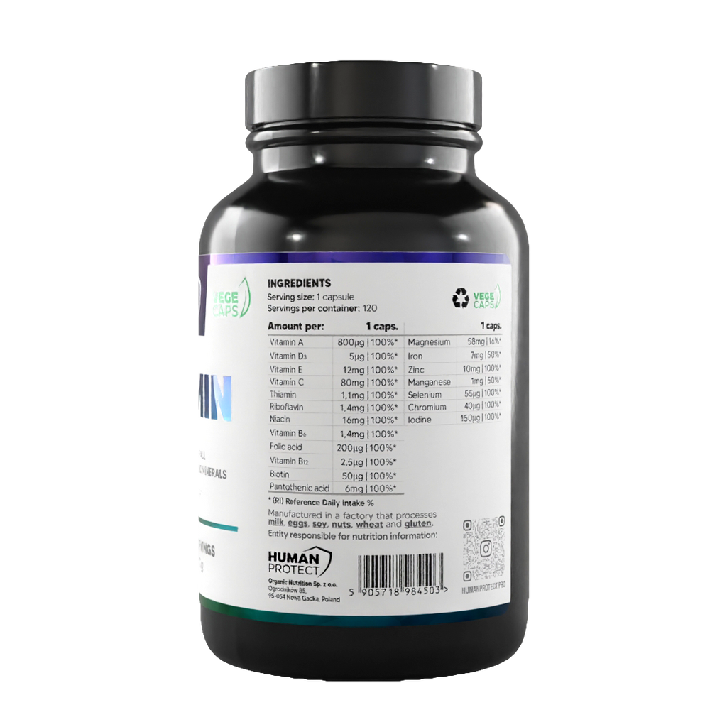 Vit&Min-120 Veg Caps Dose, Rückseite mit Nährstofftabelle und Angaben pro Portion