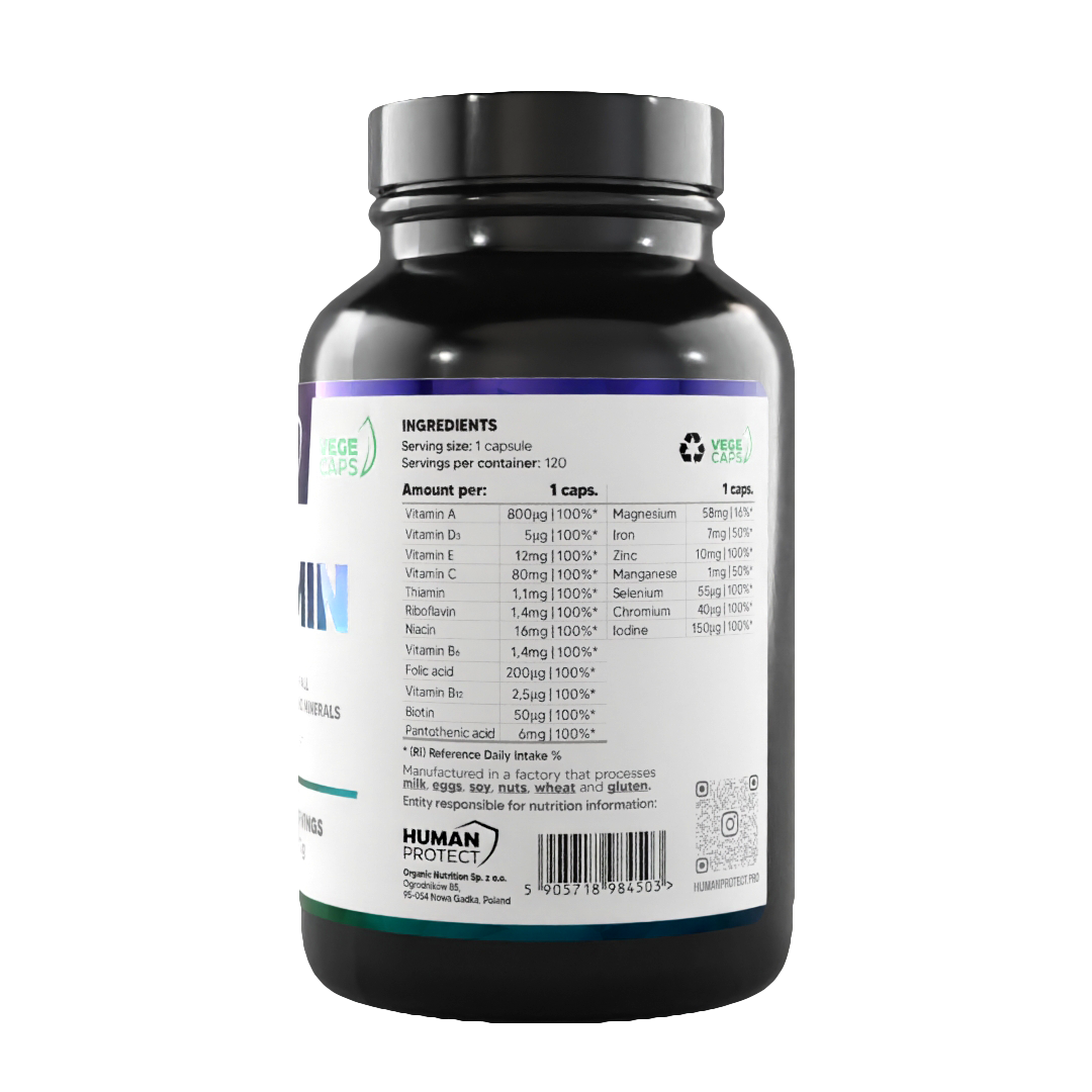 Vit&Min-120 Veg Caps Dose, Rückseite mit Nährstofftabelle und Angaben pro Portion