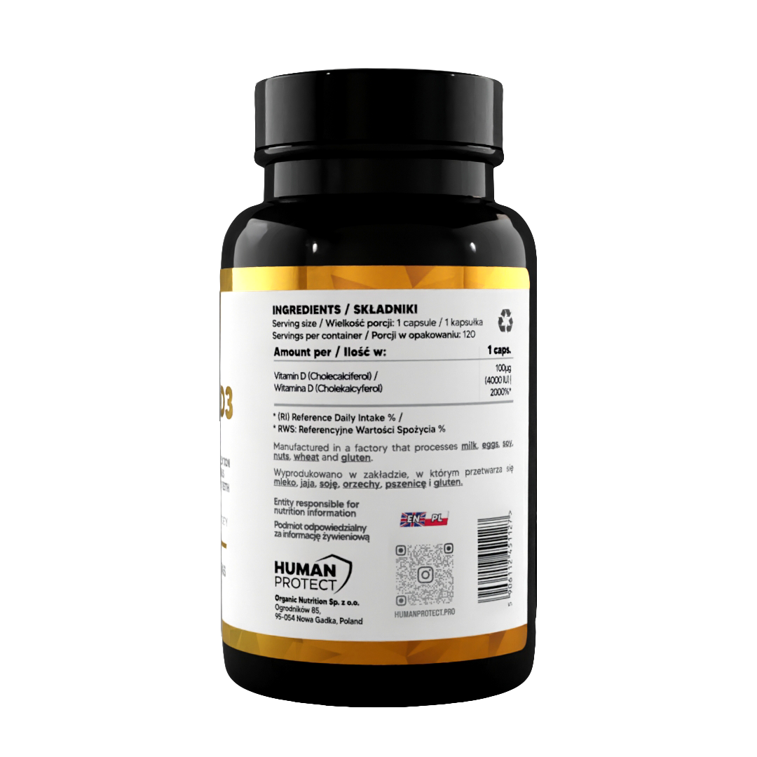 Vitamin D3 4000 IU Flasche, Seitenetikett mit Zutaten und Nährwertangaben