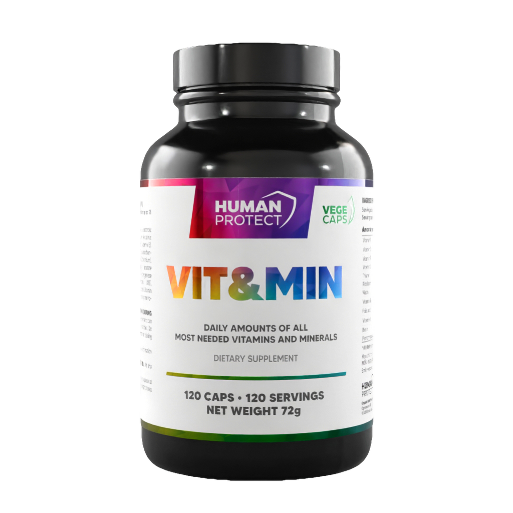Human Protect Vit&Min-120 Dose, Vorderseite mit „VEGE CAPS“ und 120 Kapseln