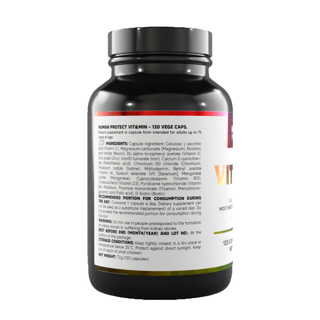 Vit&Min-120 Veg Caps Dose, Rückseite mit Einnahme- und Lagerhinweisen